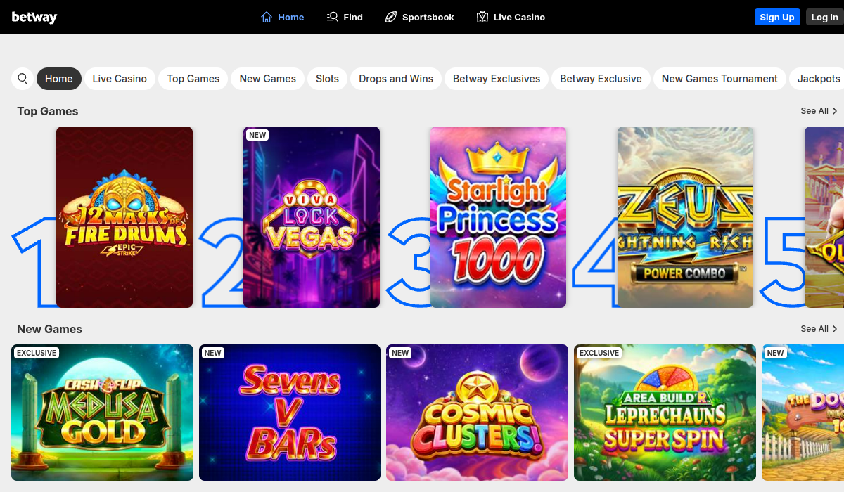 Betway Casino homepage screenshot