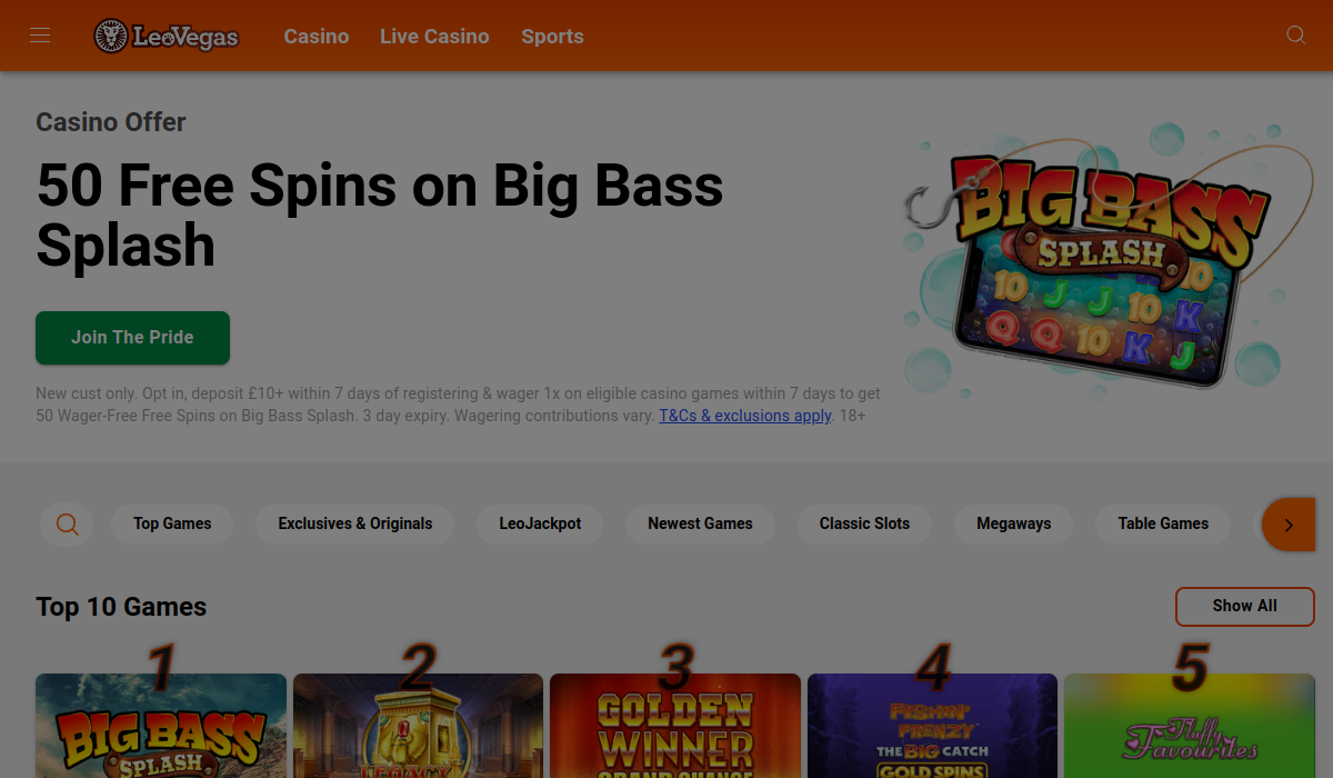 LeoVegas homepage screenshot